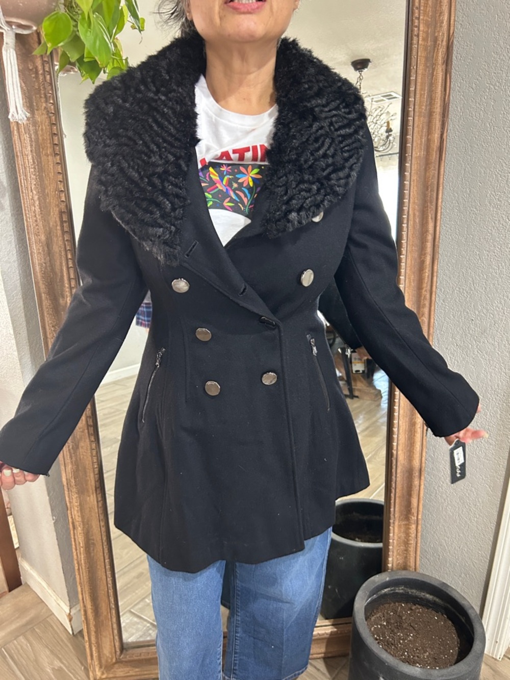 Guess by Marciano Black Faux-Fur Collar Double-Breasted Pea Coat